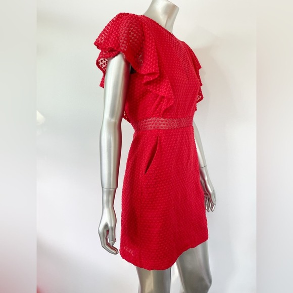 Maje Red Dress Roucoul Lace Heart embroidered Mini ruffle sleeve size 2 - Picture 3 of 11